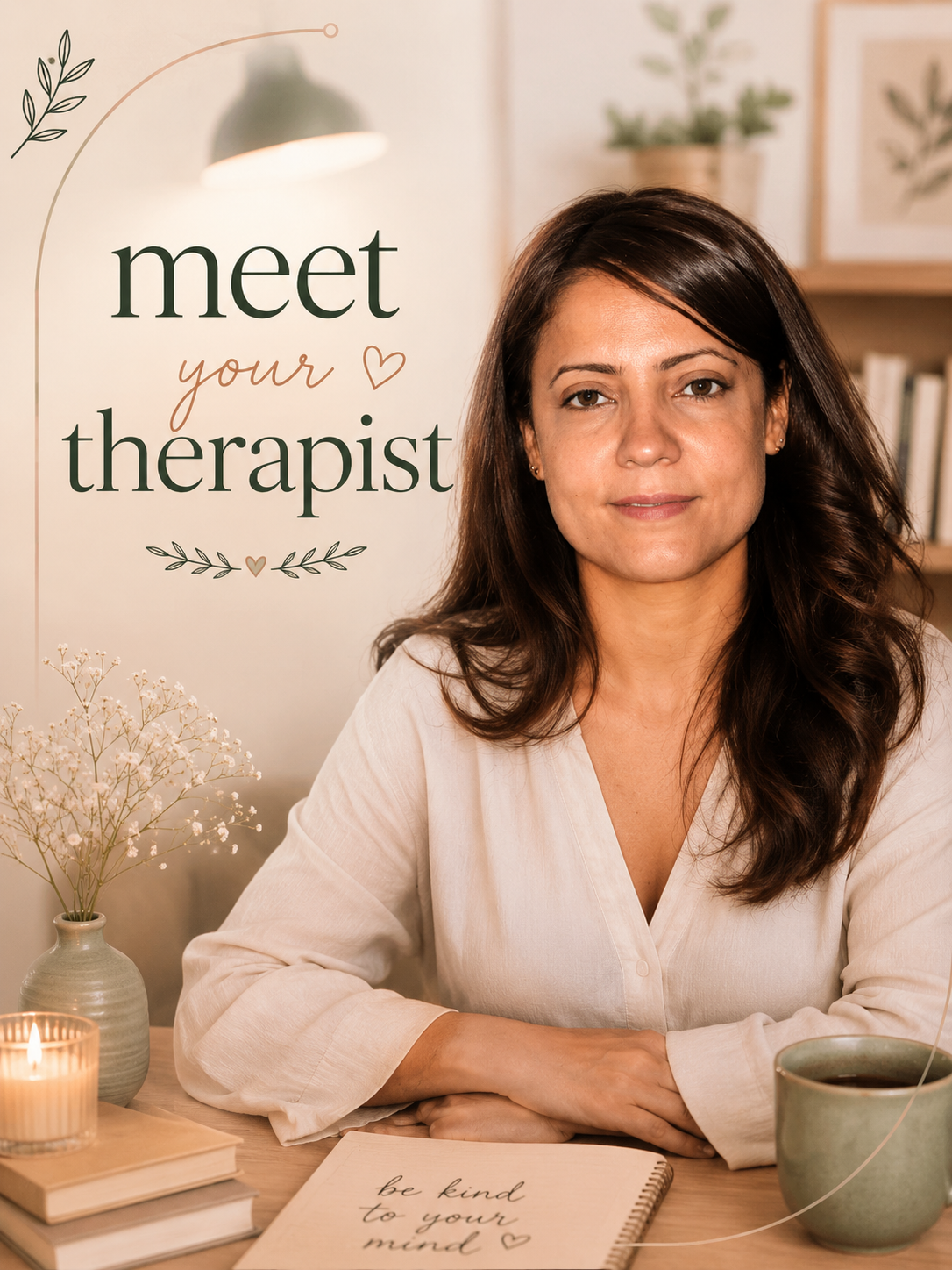 A woman sitting at a table with a sign behind her that reads 'meet your therapist' and a notebook that says 'be kind to your mind'. She has long dark hair and is wearing a light-colored shirt. There is a candle, a small vase with flowers, and a mug on the table, and a bookshelf with potted plants and art in the background.