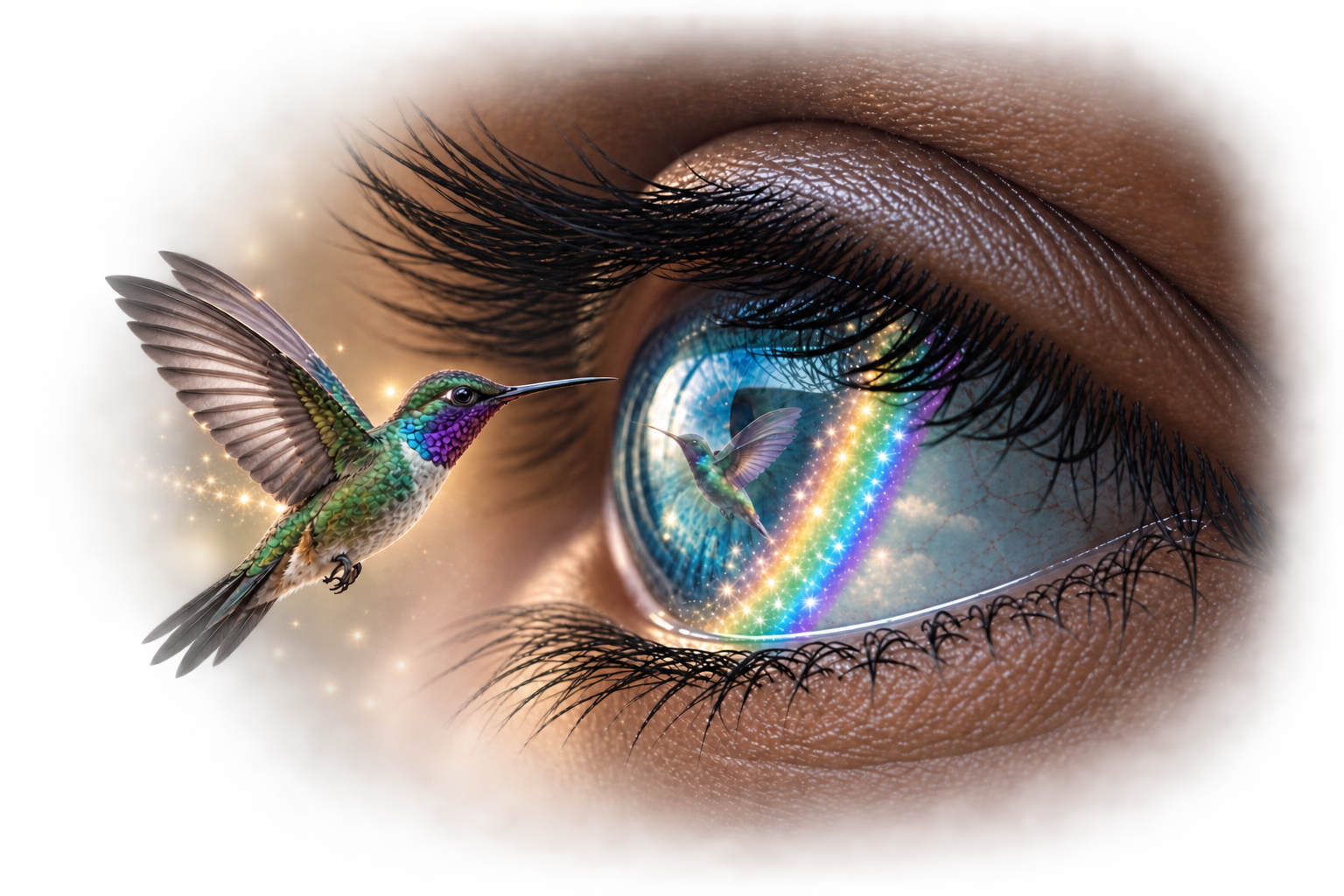 Close-up of a child’s eye reflecting a rainbow and hummingbird, symbolizing hope, vision, and possibility at Grace Wellness Institute.