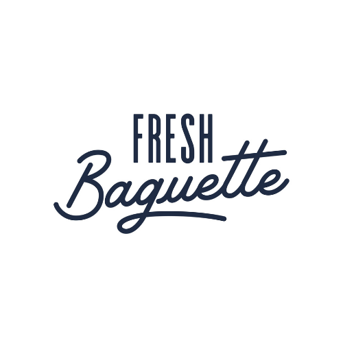 Texte stylisé en bleu foncé disant « Fresh Baguette » avec un symbole de vague.