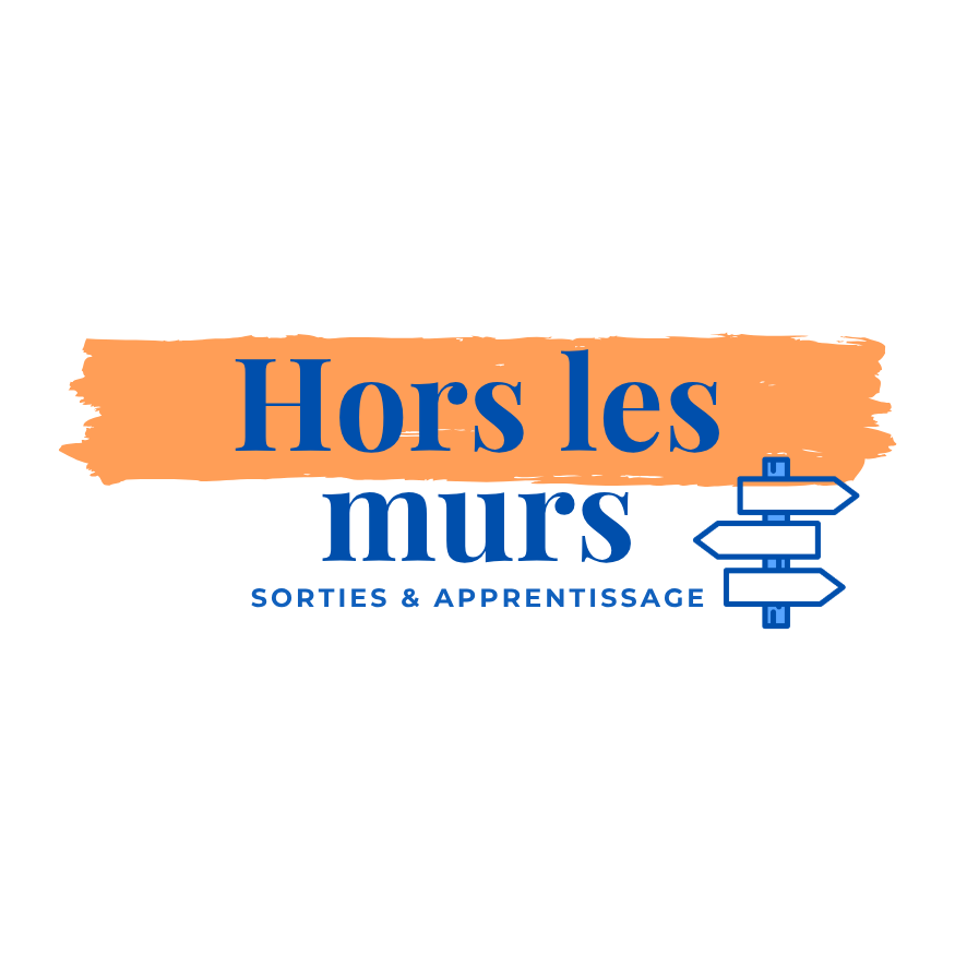 Logo avec texte 'Hors les murs' en gros caractères, et 'Sorties & Apprentissage' en plus petit, avec une icône de panneau indicateur.