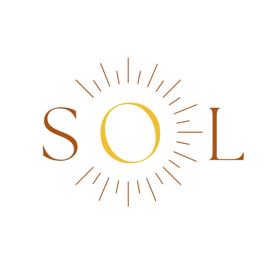 The word 'SOL' with the 'O' stylized as a yellow sun surrounded by orange sun rays on a black background.
