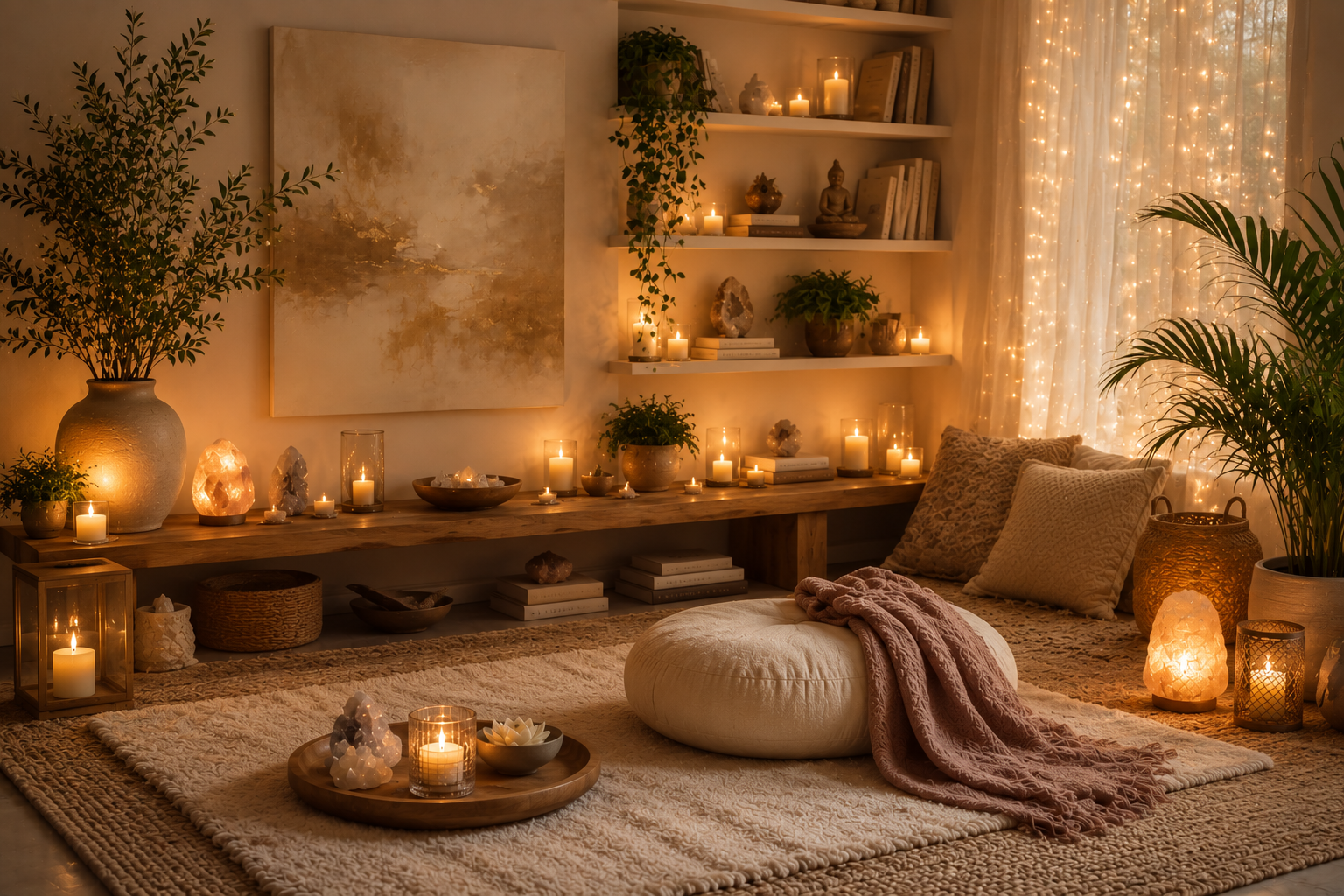 Cozy living room or meditation space illuminated with candles, string lights, and soft lighting. Decor includes plants, books, pillows, and crystals, creating a warm and tranquil ambiance. Free meditation offering.