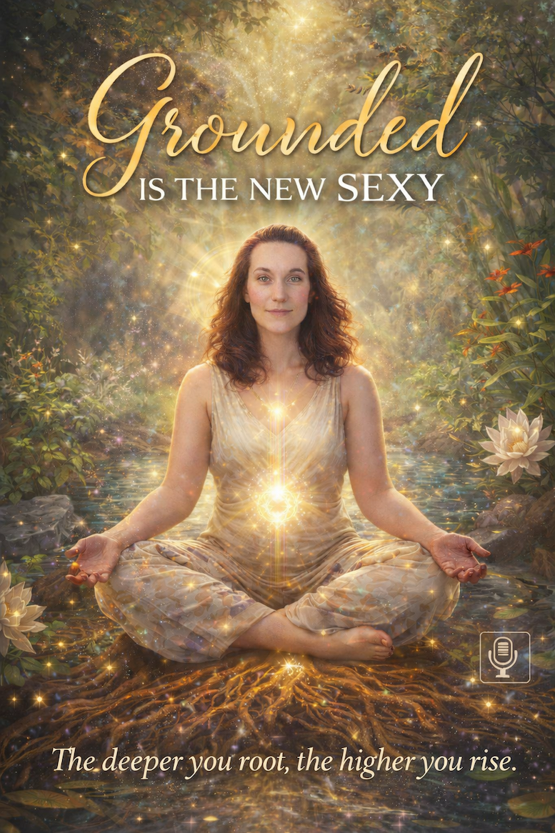 A woman practicing meditation outdoors in a forest surrounded by glowing light, flowers, and water, with the text "Grounded is the new sexy" podcast at the top and "The deeper you root, the higher you rise" at the bottom.