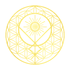 A gold circular design featuring a central sun, surrounded by geometric patterns and stylized plant elements.