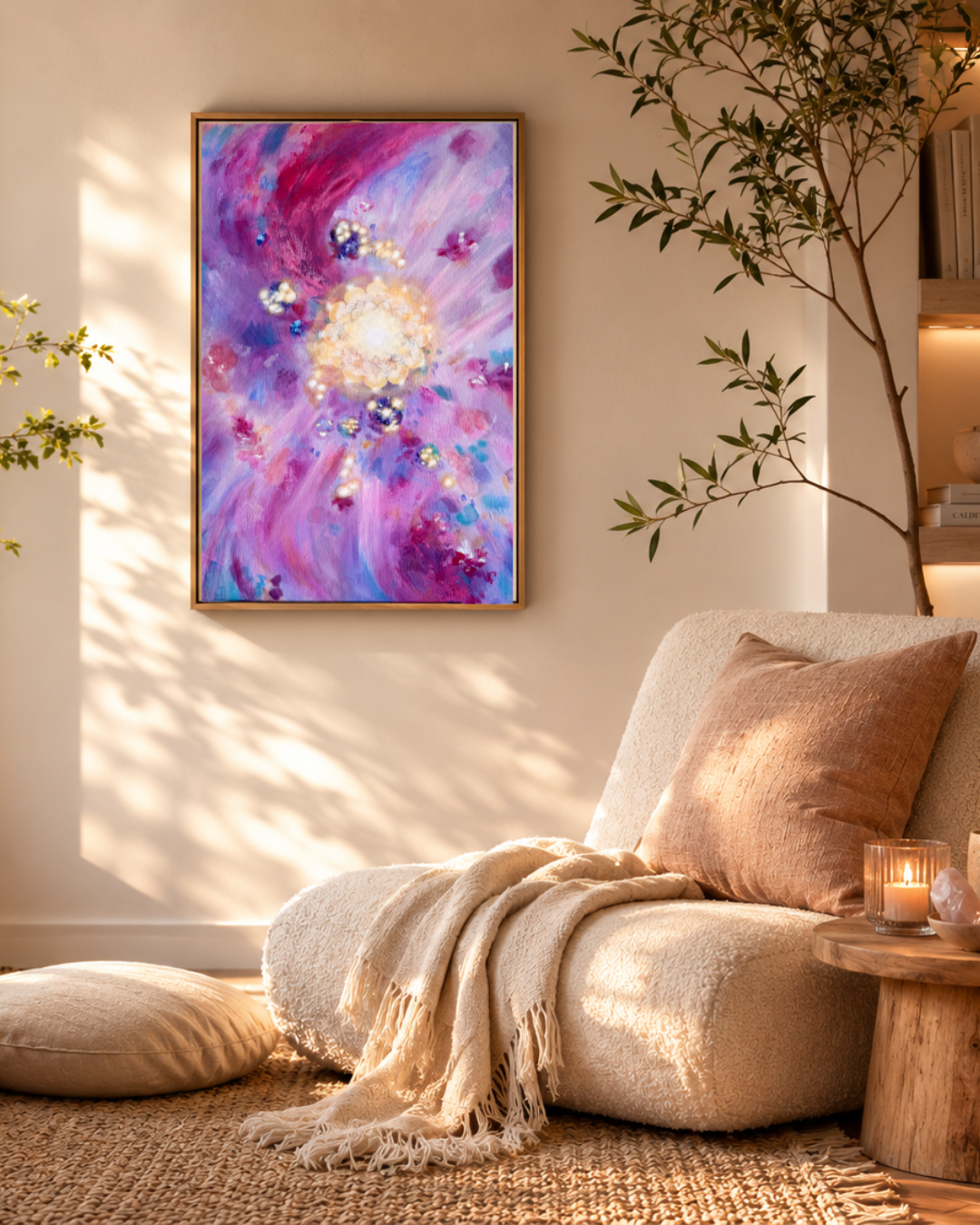 A cozy living room corner with a beige textured couch and a pillow, a cream blanket, a lit candle, and a small round wooden side table. A large abstract painting with pink, purple, and white swirls hangs on the wall, with sunlight streaming through nearby windows casting shadows. A tall plant is next to the wall, partially visible on the right.