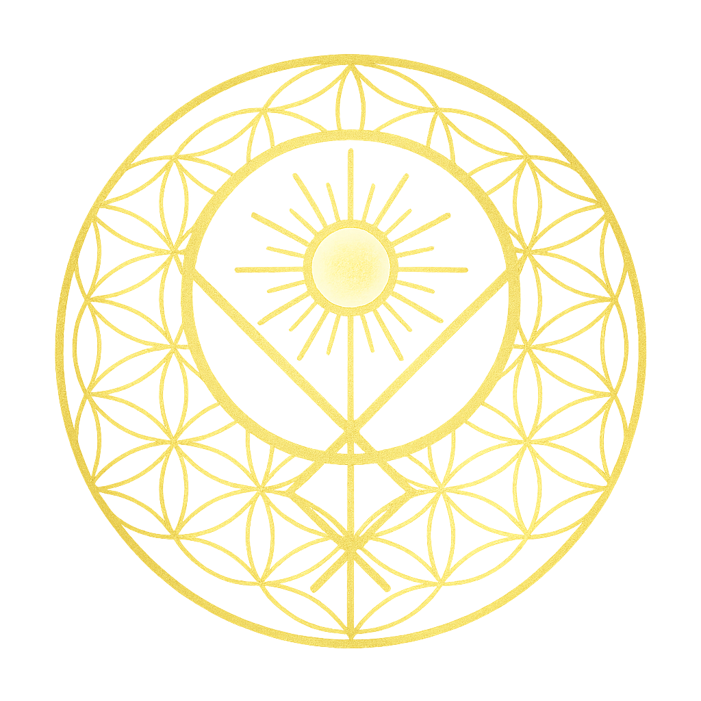 A gold geometric design featuring a circle with an intricate flower of life pattern, a sun symbol at the center, and an isosceles triangle pointing downward within the circle.