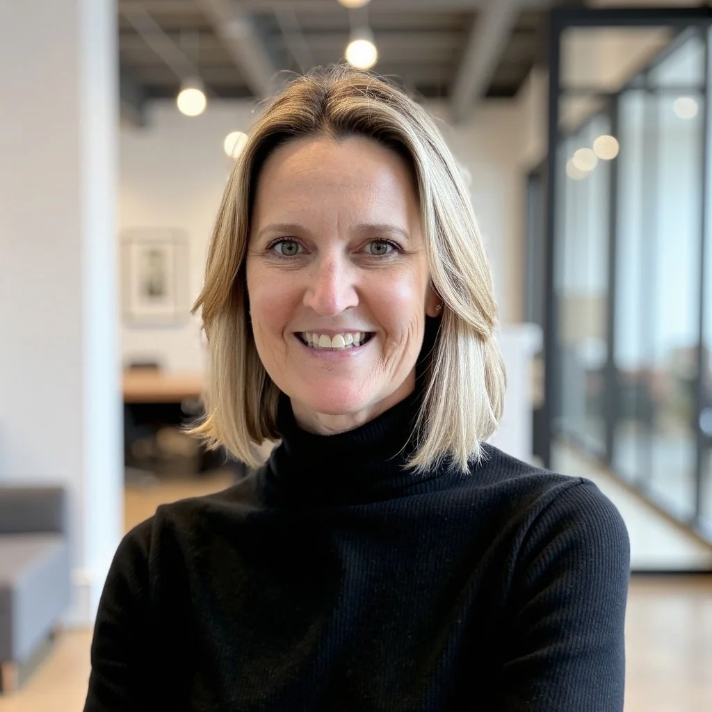A woman with shoulder-length blonde hair, wearing a black turtleneck sweater, smiling at the camera in an indoor office setting with large windows and modern decor.