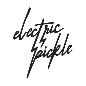 Text reading 'electric pickle' with a lightning bolt symbol between the words, all in black on a transparent background.