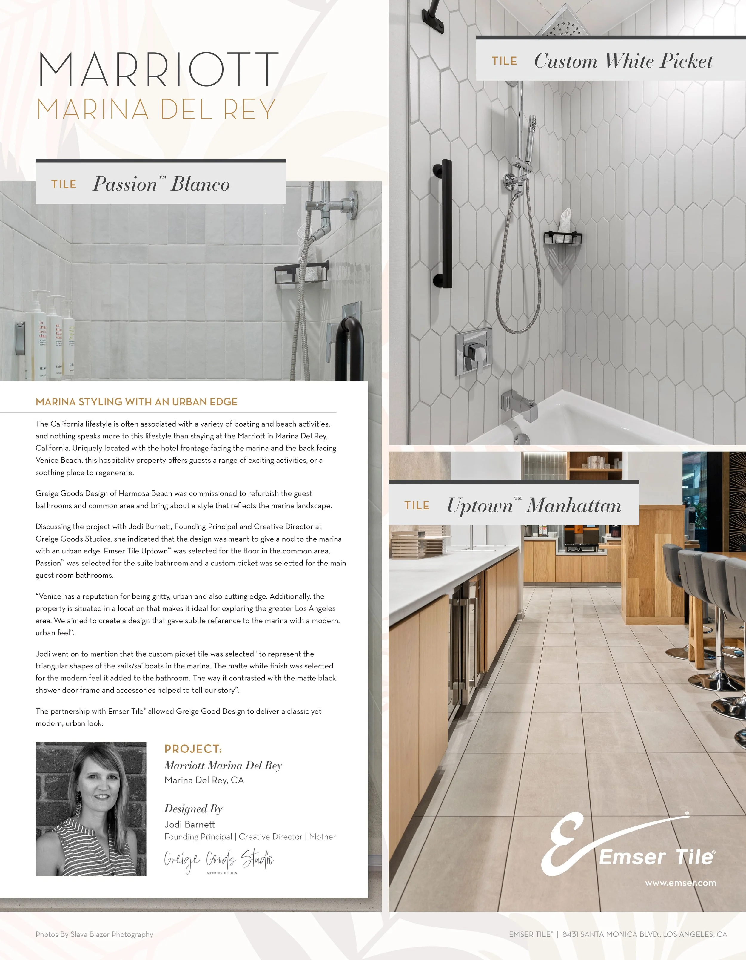 Brochure page showing different tile designs at Marriott Marina Del Rey. The right side features a bathroom with white hexagonal tiles in a shower. The left side has text and an image of a woman with short hair in black and white.
