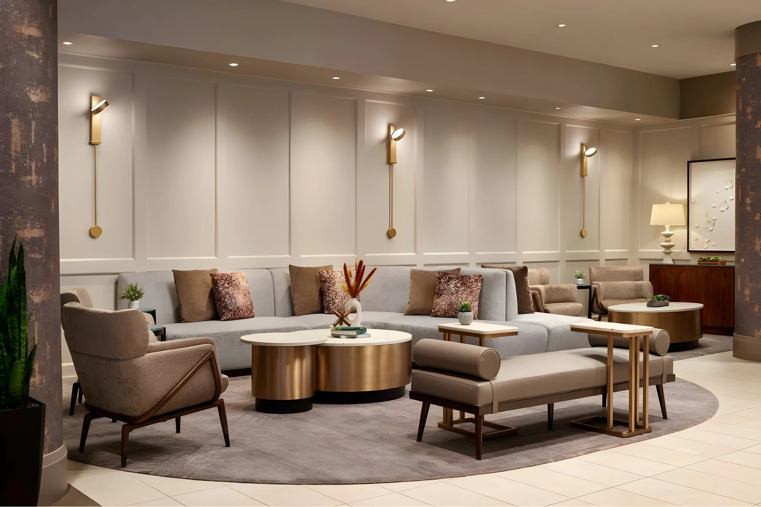 Elegant hotel lobby with white paneled walls, modern wall sconces, a light-colored curved sofa with decorative pillows, beige armchairs, round coffee tables, and a lamp on a side table.