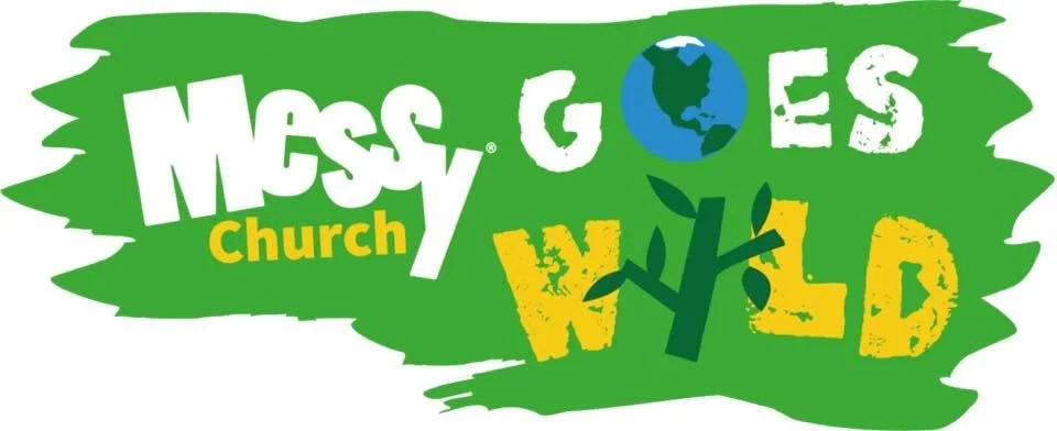 Colorful logo with text 'Messy Church Goes Wild' on green background, featuring a stylized depiction of the Earth.