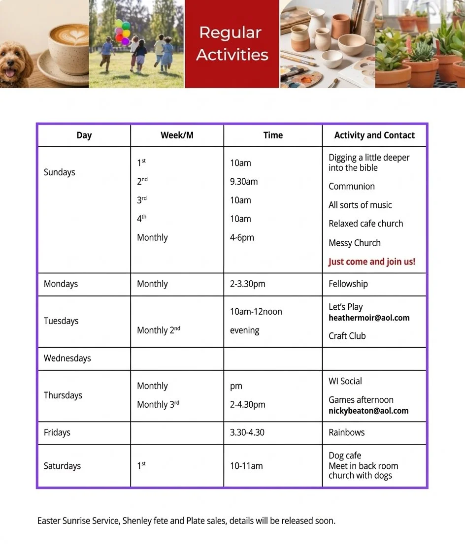 Schedule of regular church activities including Bible study, communion, music, social events, and craft club, with specific times and contact information, on a weekly and monthly basis.