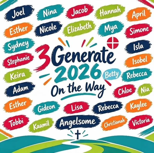 Colorful graphic with a list of names surrounding the text '3 Generate 2026 On the Way,' indicating a generational or family message with a journey theme.