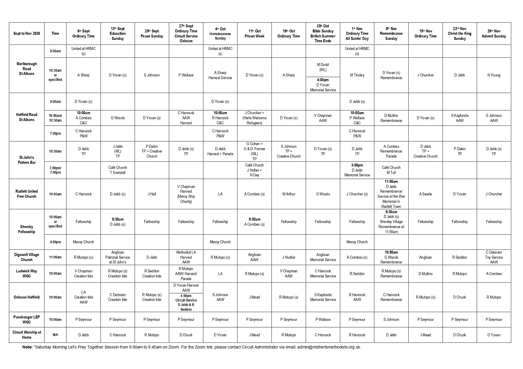 Weekly church service schedule from September to November 2026, listing days, times, locations, and speakers for various church events and services.