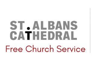 Logo for St. Albans Cathedral with the text 'Free Church Service' in red.