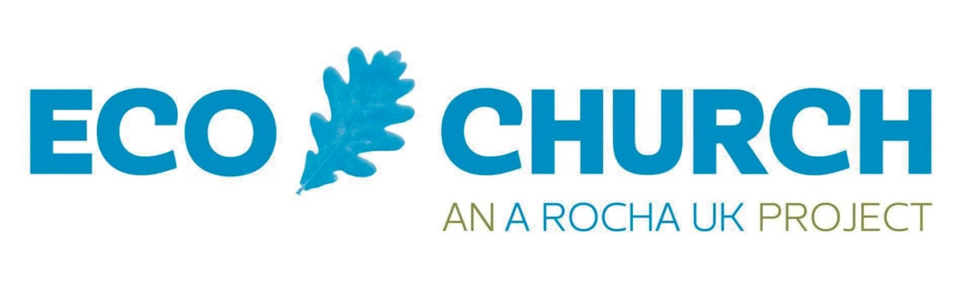 Eco Church logo with a blue oak leaf and the text 'Eco Church' in large blue letters and 'an A Rocha UK project' in smaller text below.