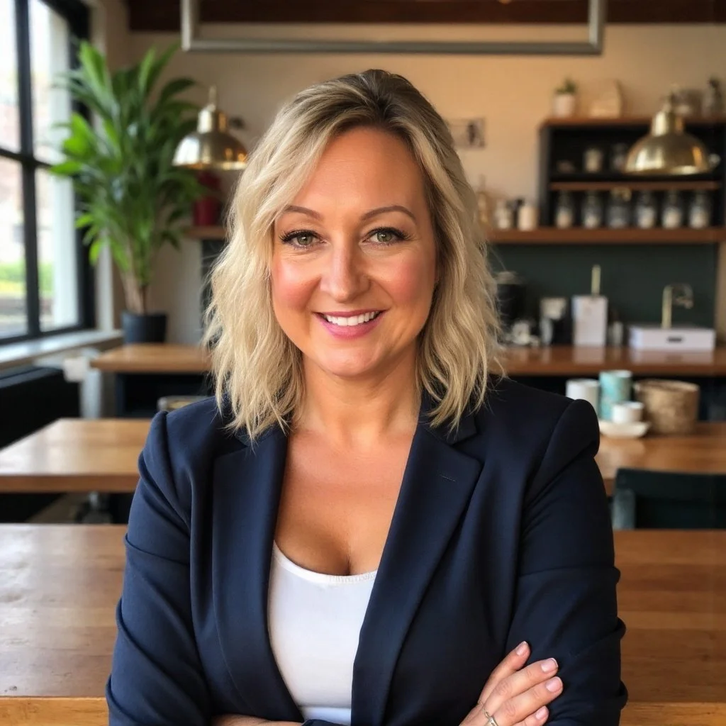 A smiling blonde woman with wavy hair, wearing a navy blazer and white shirt, sitting at a wooden table in a cozy cafe or restaurant, with plants and kitchen items in the background.