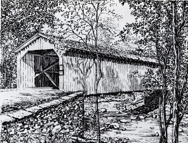 Black and white drawing of a wooden covered bridge over a stream in a wooded area.