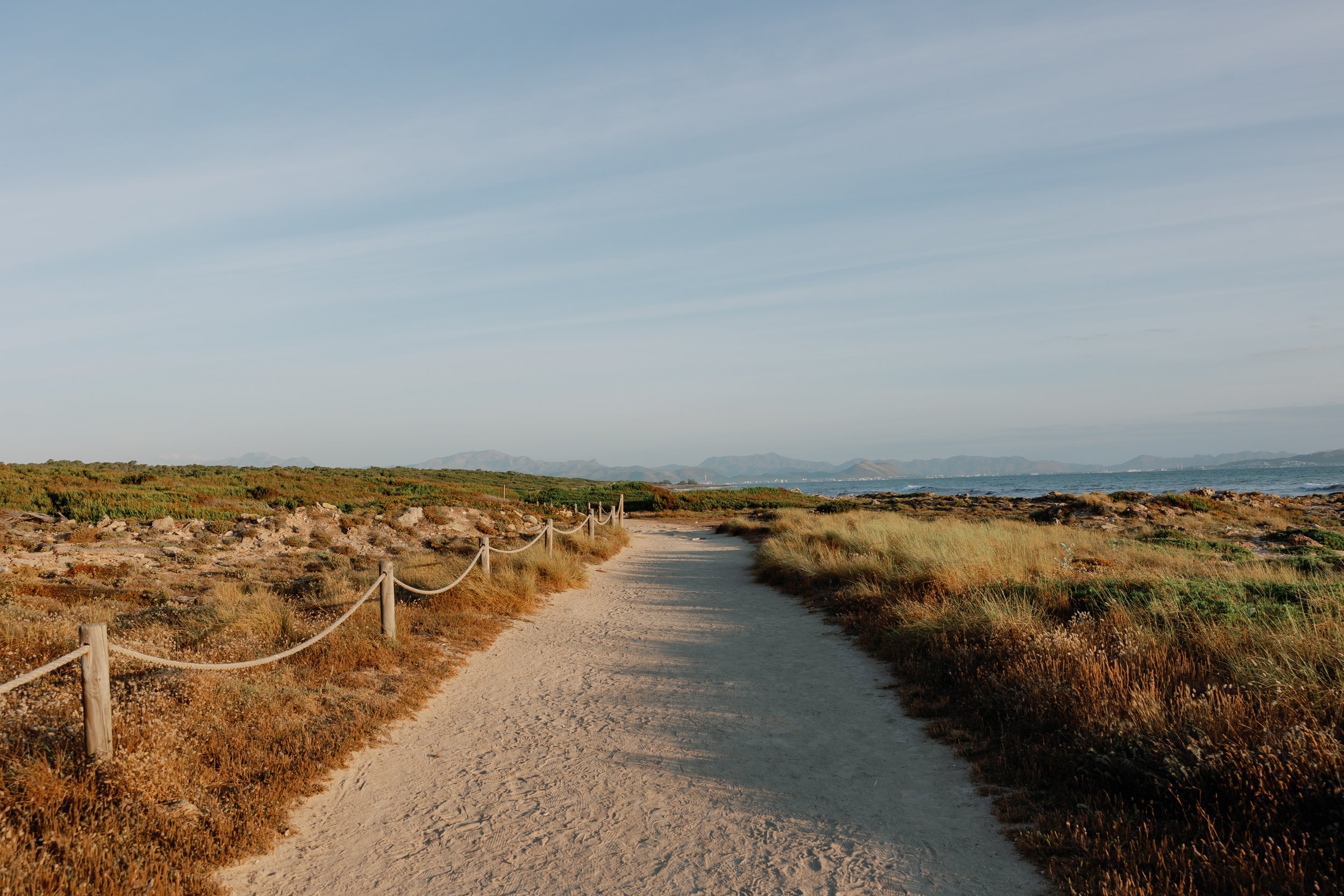 Ein Sandweg führt durch naturbelassene Küstenlandschaft mit niedrigen Büschen und Gräsern, Blick auf das Meer und Berge im Hintergrund, bei sonnigem Himmel.