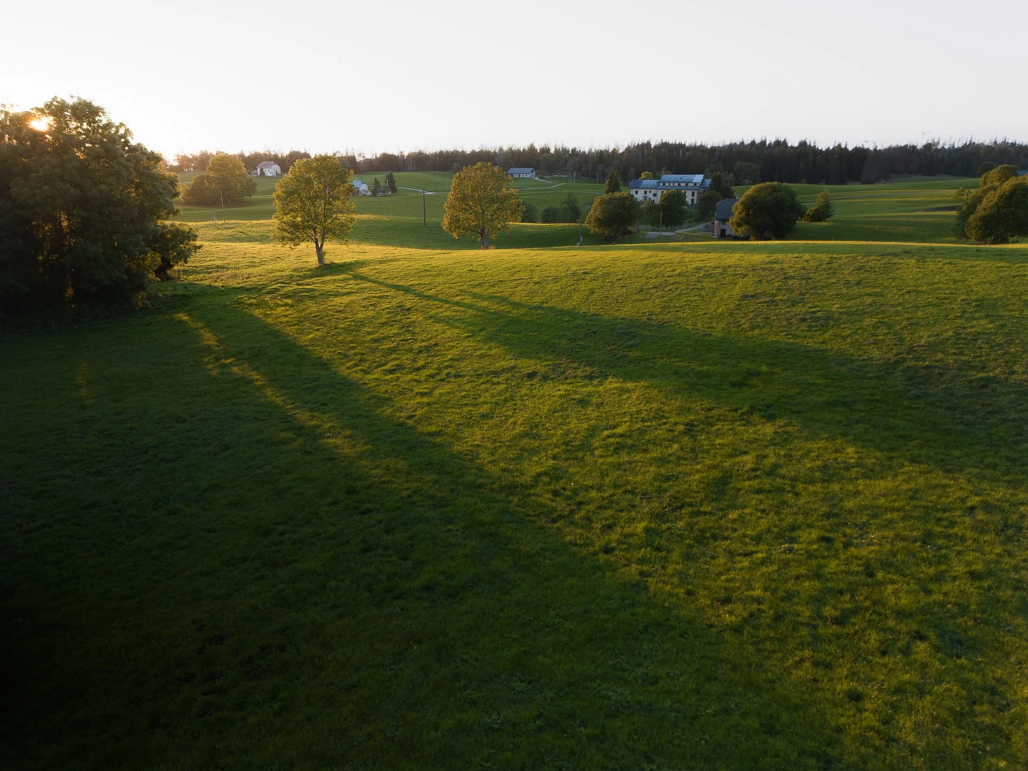 Paysage rural avec des arbres, des maisons et des champs sous un ciel clair, prise au coucher du soleil.