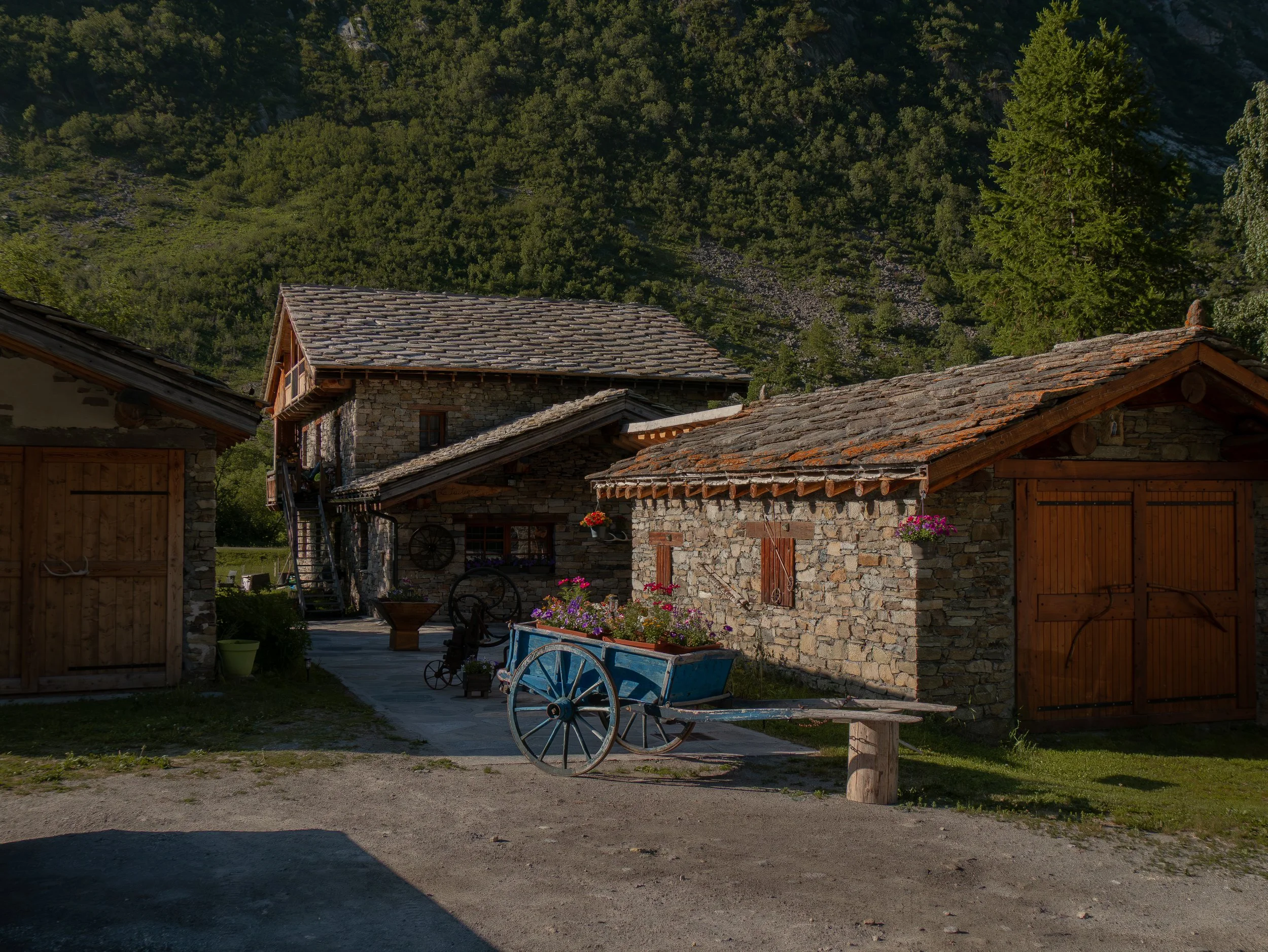 Maisons en pierre dans un village de montagne avec un chariot en bois bleu à l'avant, fleurs colorées, et forêt dense en arrière-plan.
