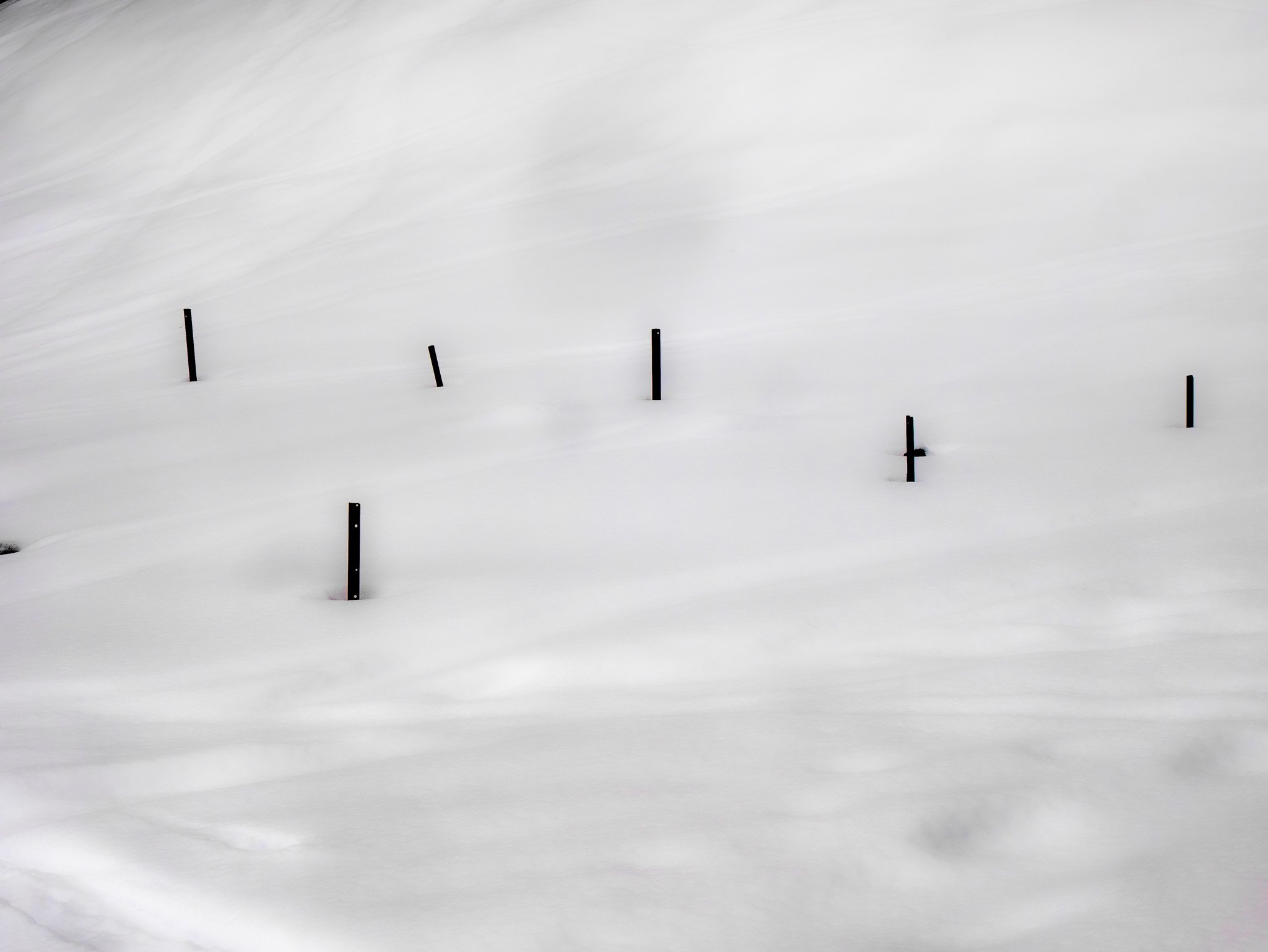 Neige couvrant un terrain avec des poteaux en fer noir plantés dans le sol, sous un ciel nuageux.