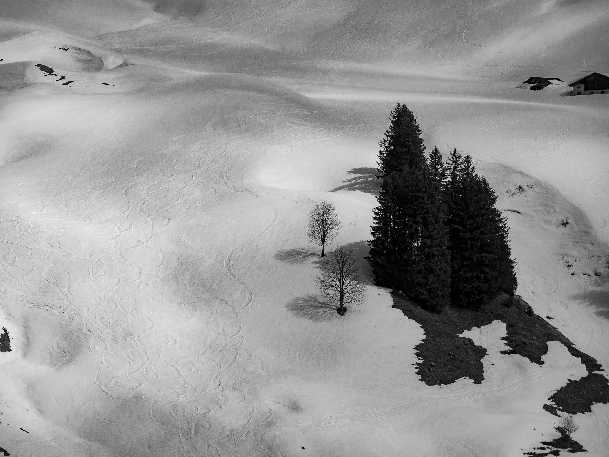 Paysage de neige avec quelques arbres et des maisons en arrière-plan, ciel nuageux, traces de skis ou de snowboard sur la neige.