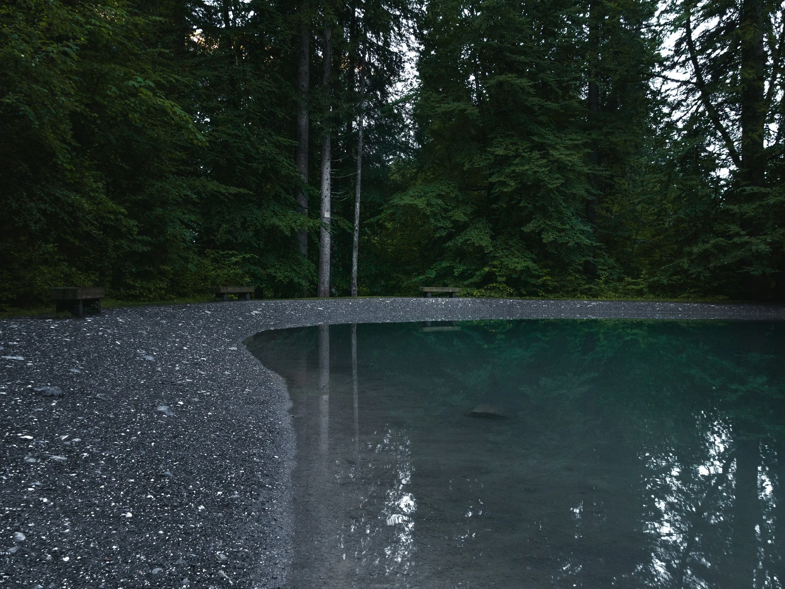 Un lac entouré d'une forêt dense avec des arbres verts. Sur le bord du lac, il y a une petite plateforme en bois. La surface de l'eau est calme et réfléchissante.