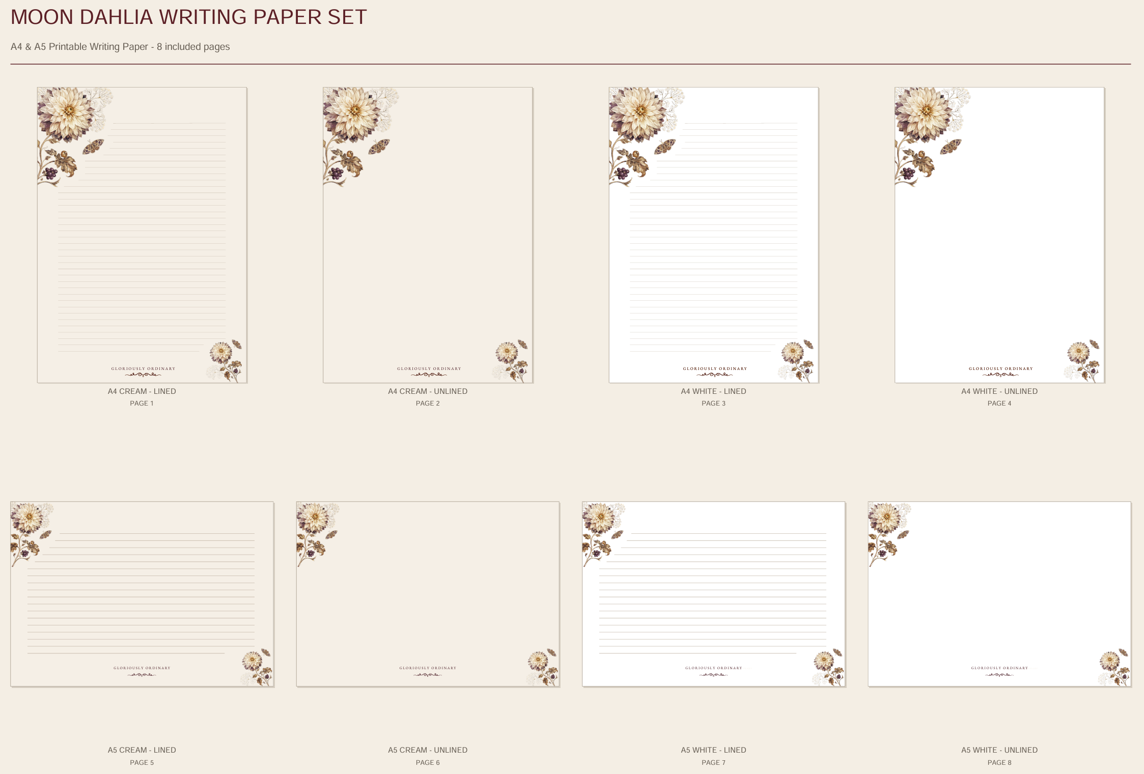 Moon Dahlia Writing Paper Set — A4 & A5 Printable Stationery