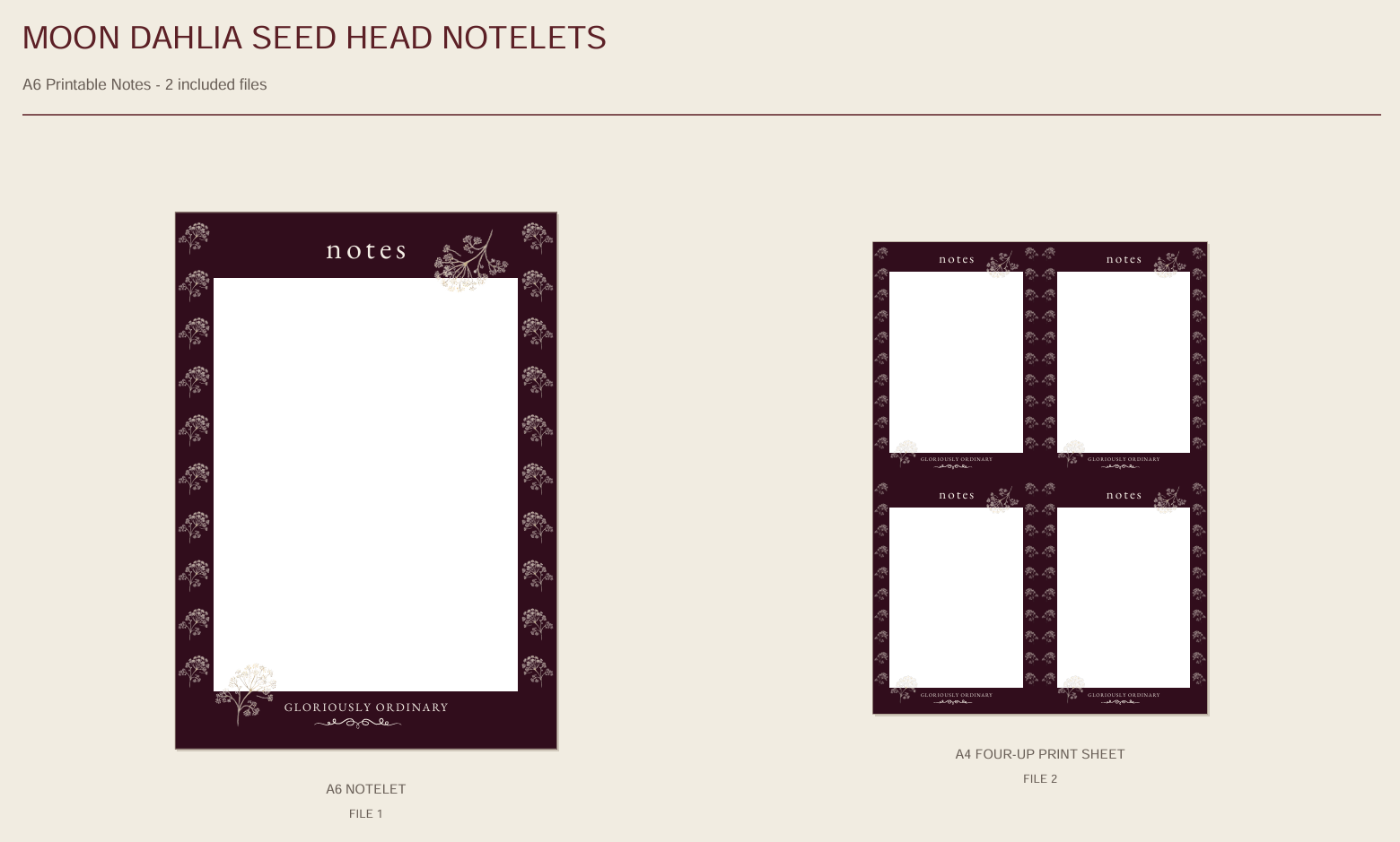 Moon Dahlia Seed Head Notelets — A6 Printable Notes