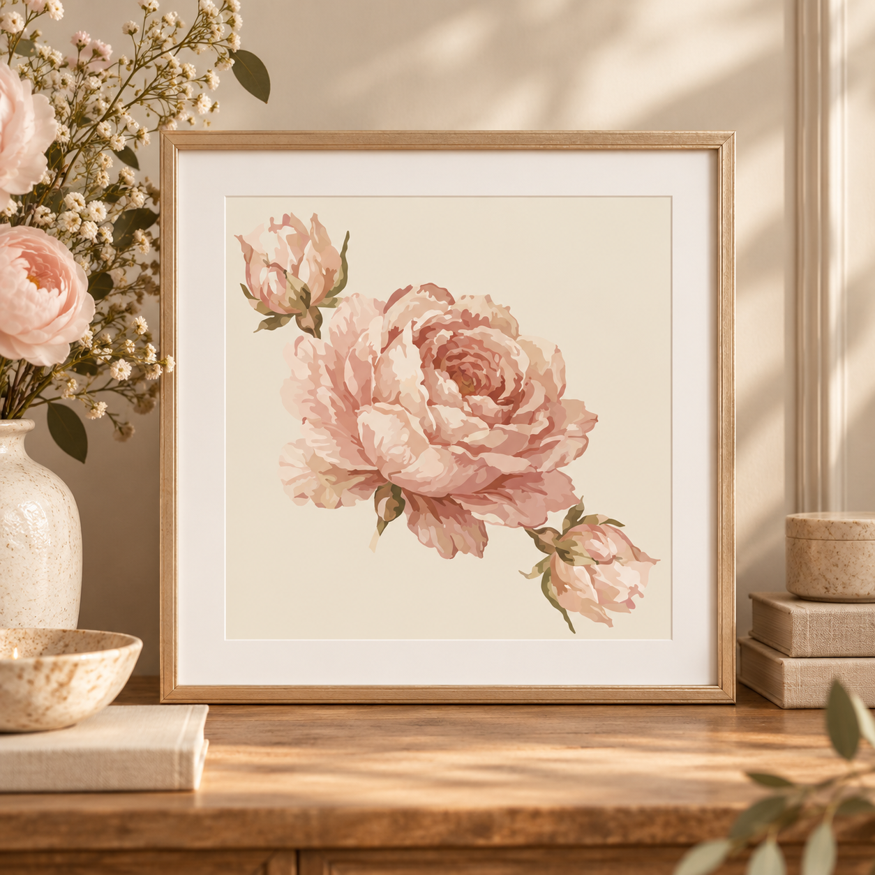 English Rose — Blush | 20 × 20 cm Square Botanical Art Print
