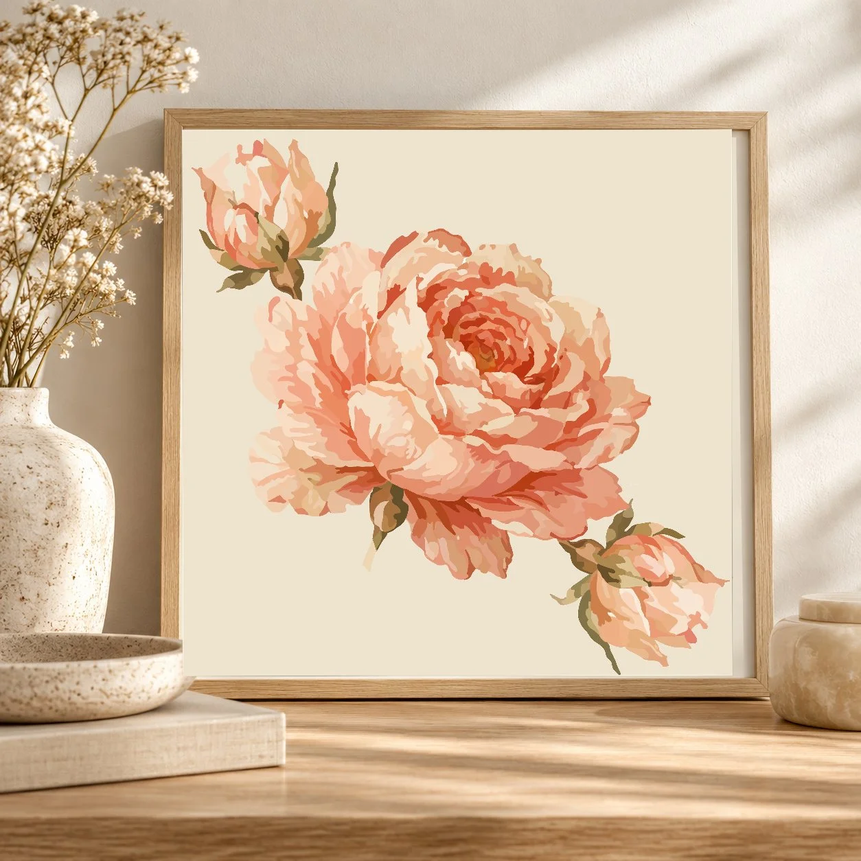 English Rose — Coral | 25 × 25 cm Square Botanical Art Print