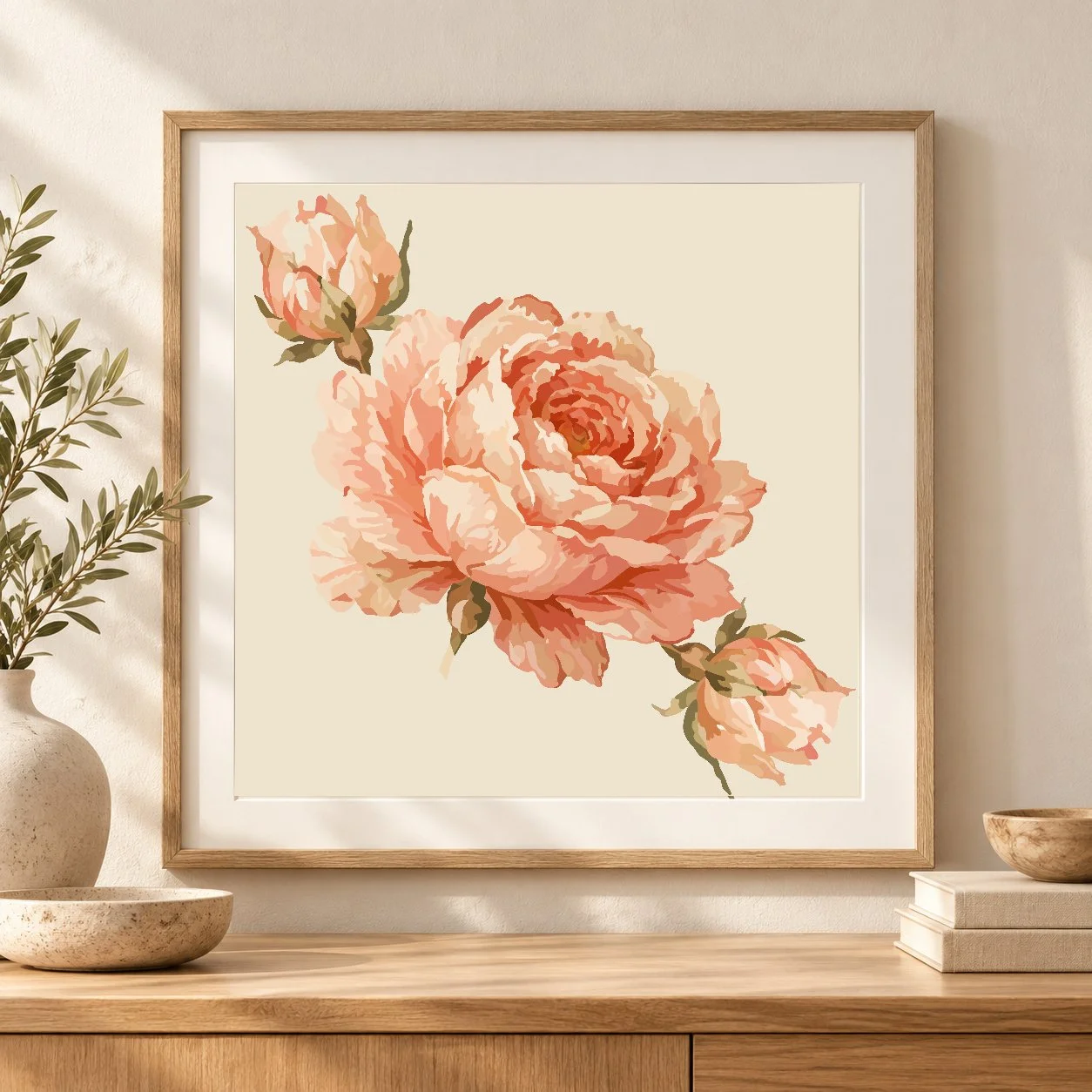 English Rose — Coral | 20 × 20 cm Square Botanical Art Print