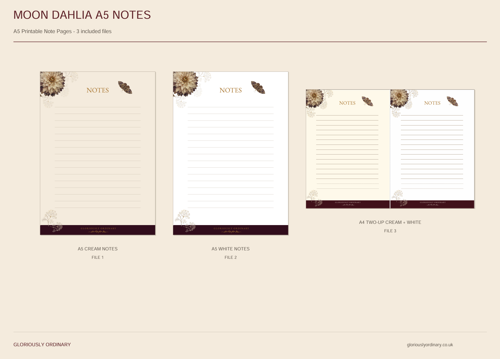 Moon Dahlia A5 Notes — Printable Note Pages