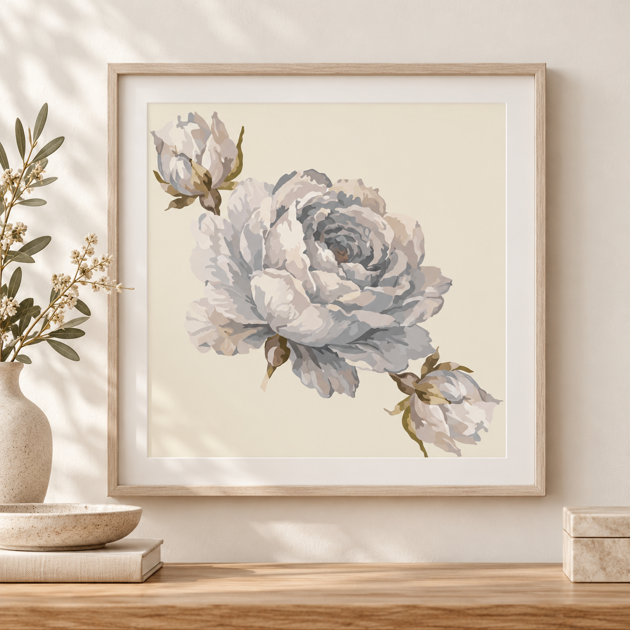 English Rose — Misty Blue | 25 × 25 cm Square Botanical Art Print
