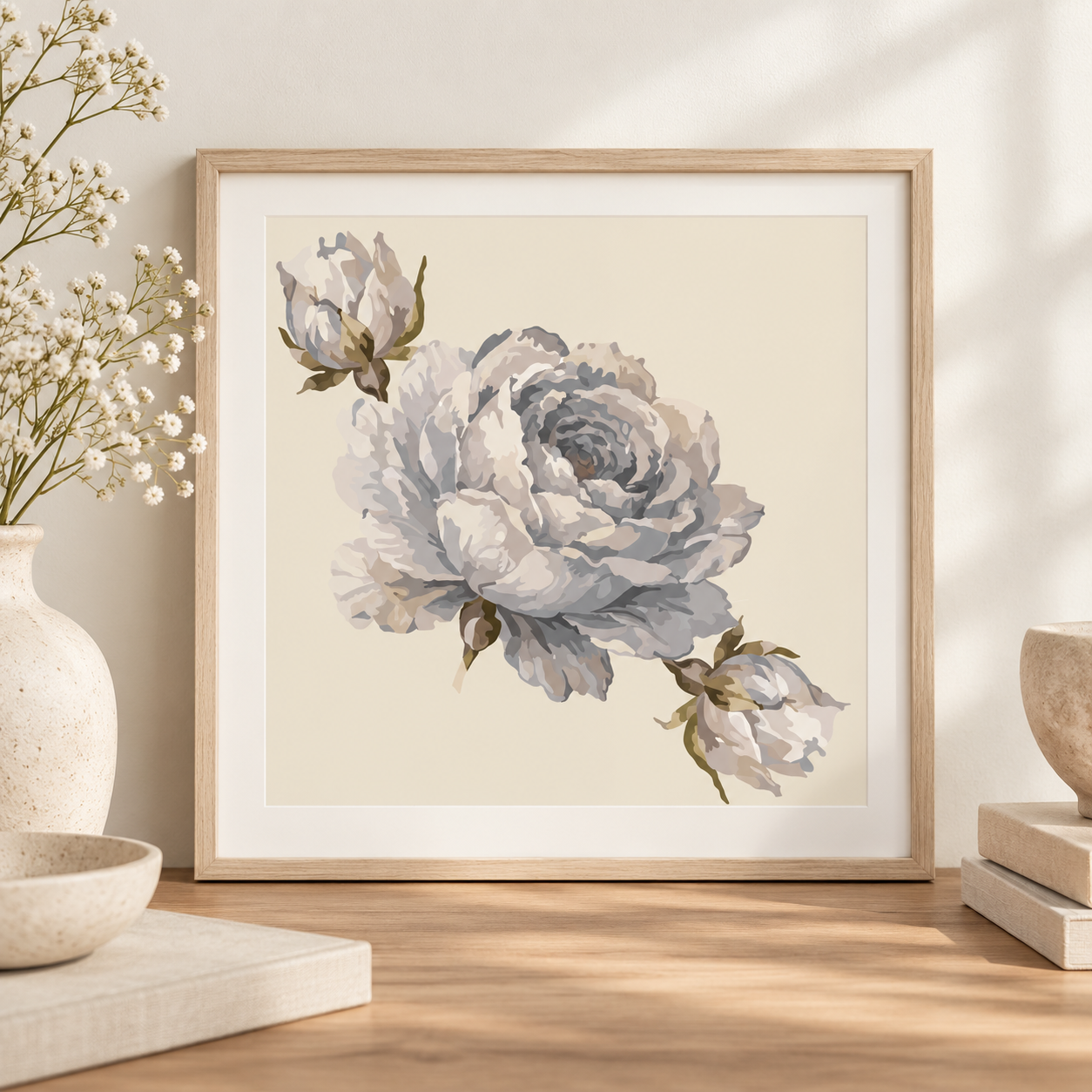 English Rose — Misty Blue | 20 × 20 cm Square Botanical Art Print