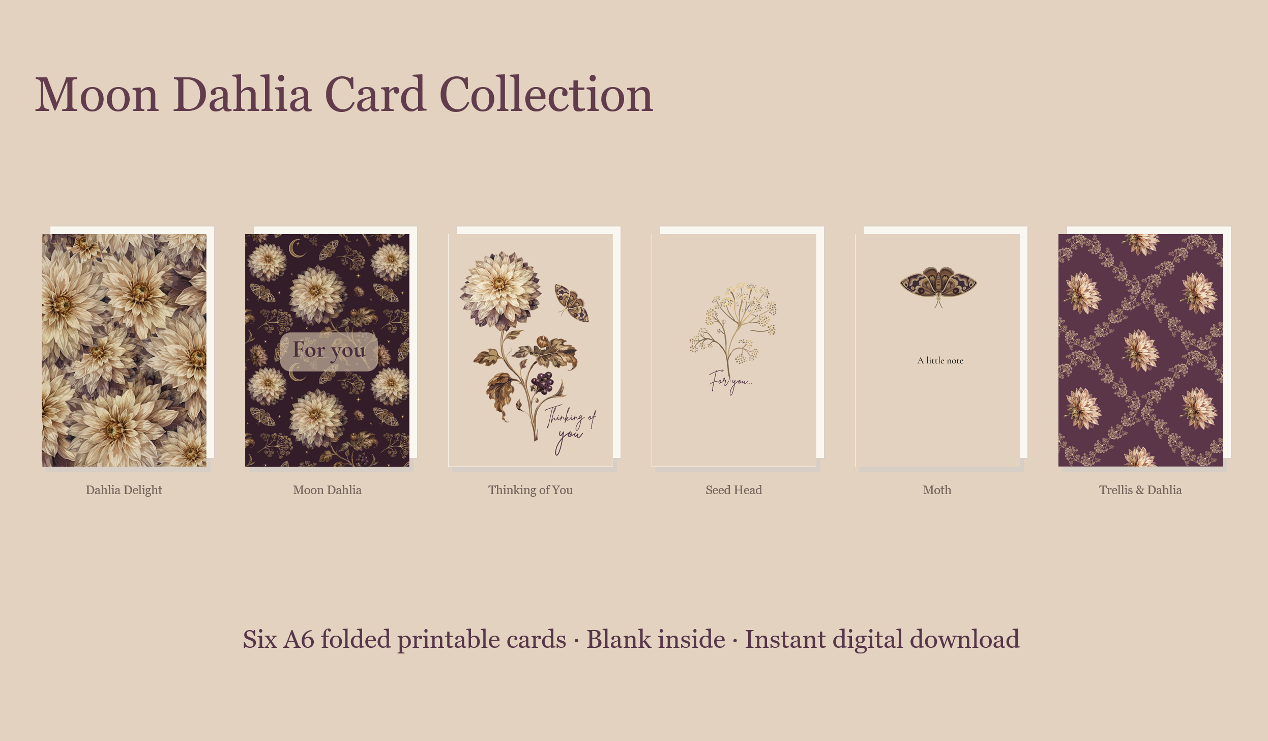 Moon Dahlia Printable Greeting Cards — Set of Six