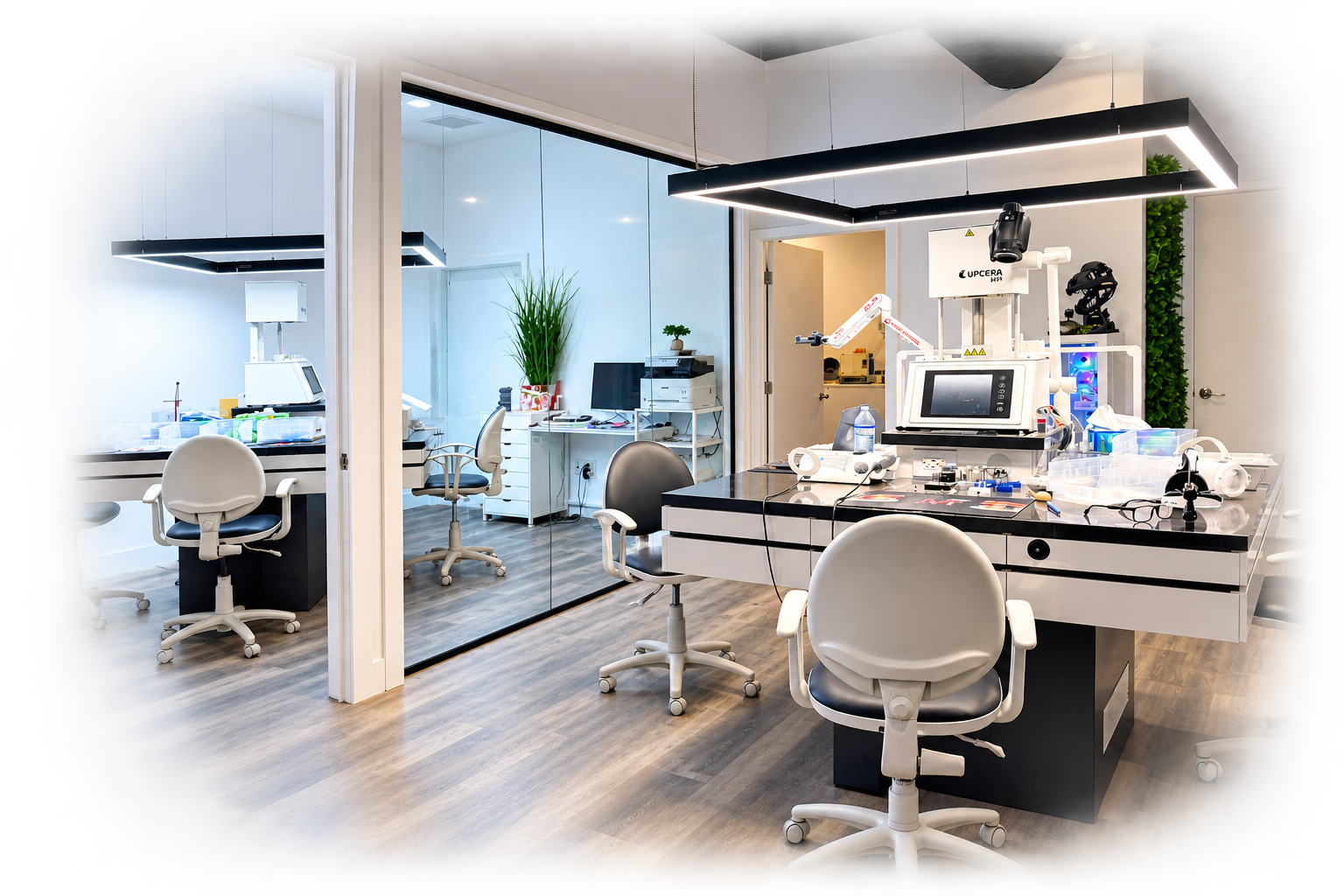 Modern laboratory with white and black furniture, multiple workstations, and scientific equipment, separated by glass walls.