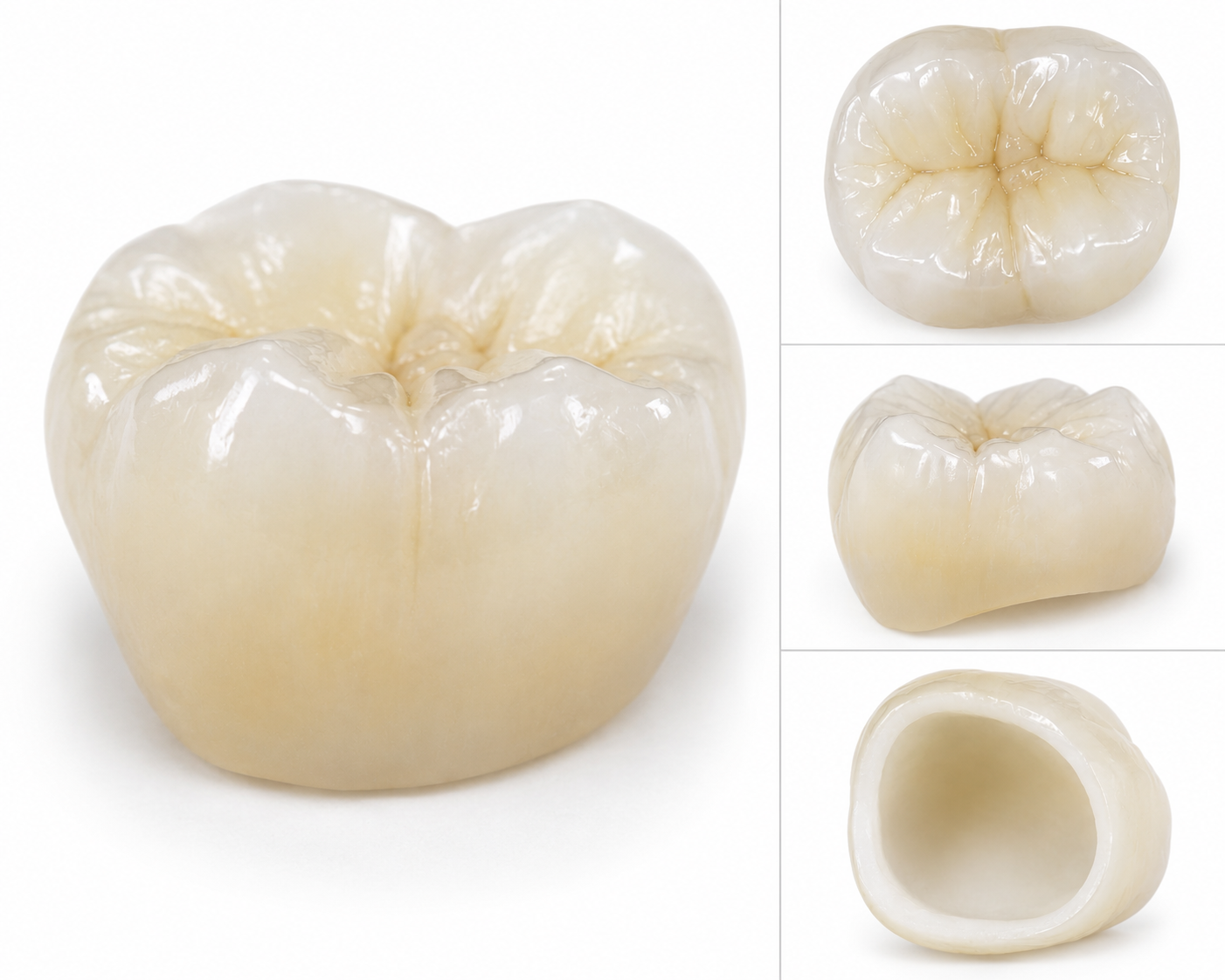 Close-up of a white, shiny molar tooth from multiple angles, showcasing its top, side, and hollow interior.