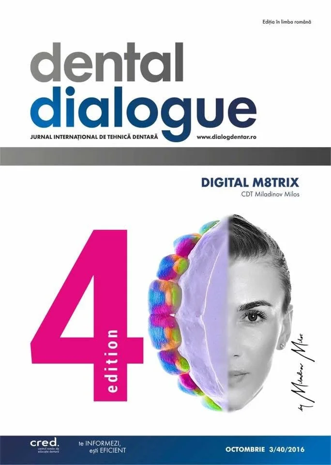 Cover of a dental journal titled 'dental dialogue,' featuring the subtitle 'JU ReiNTERNAȚIONAL DE TEHNICĂ DENTARĂ,' with a graphic of a woman's face half in black and white and half in color, with a colorful tooth-shaped illustration separating the two halves, and the text '4th edition' in large pink letters.