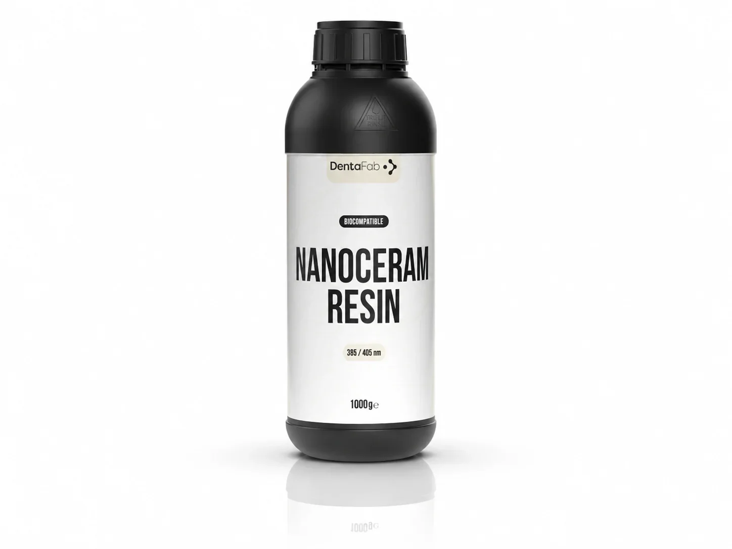 Bottle of NanoCeram resin for dental use with a white label and black cap, marked with black and beige text.