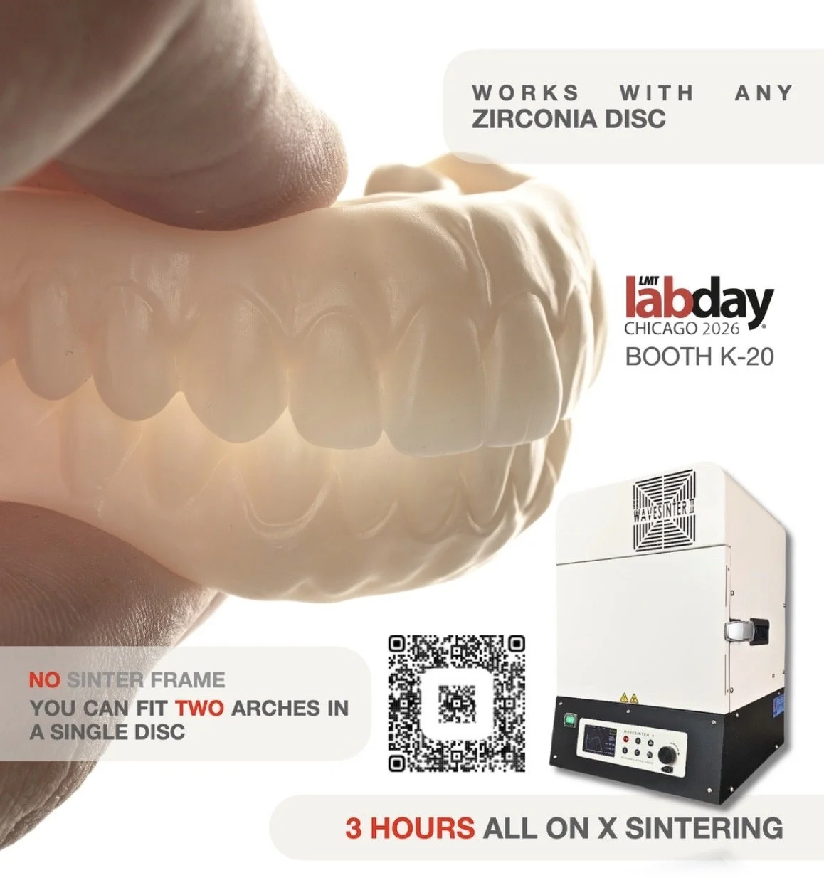 Close-up of a zirconia dental denture and a dental sintering furnace. The image promotes a product that works with any zirconia disc, features a feature to fit two arches in a single disc, and can sinter multiple units in three hours.
