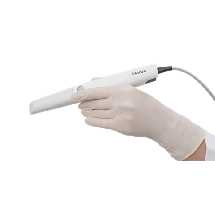 Close-up of a hand wearing a glove holding a handheld medical device labeled 'PANDA' against a white background.