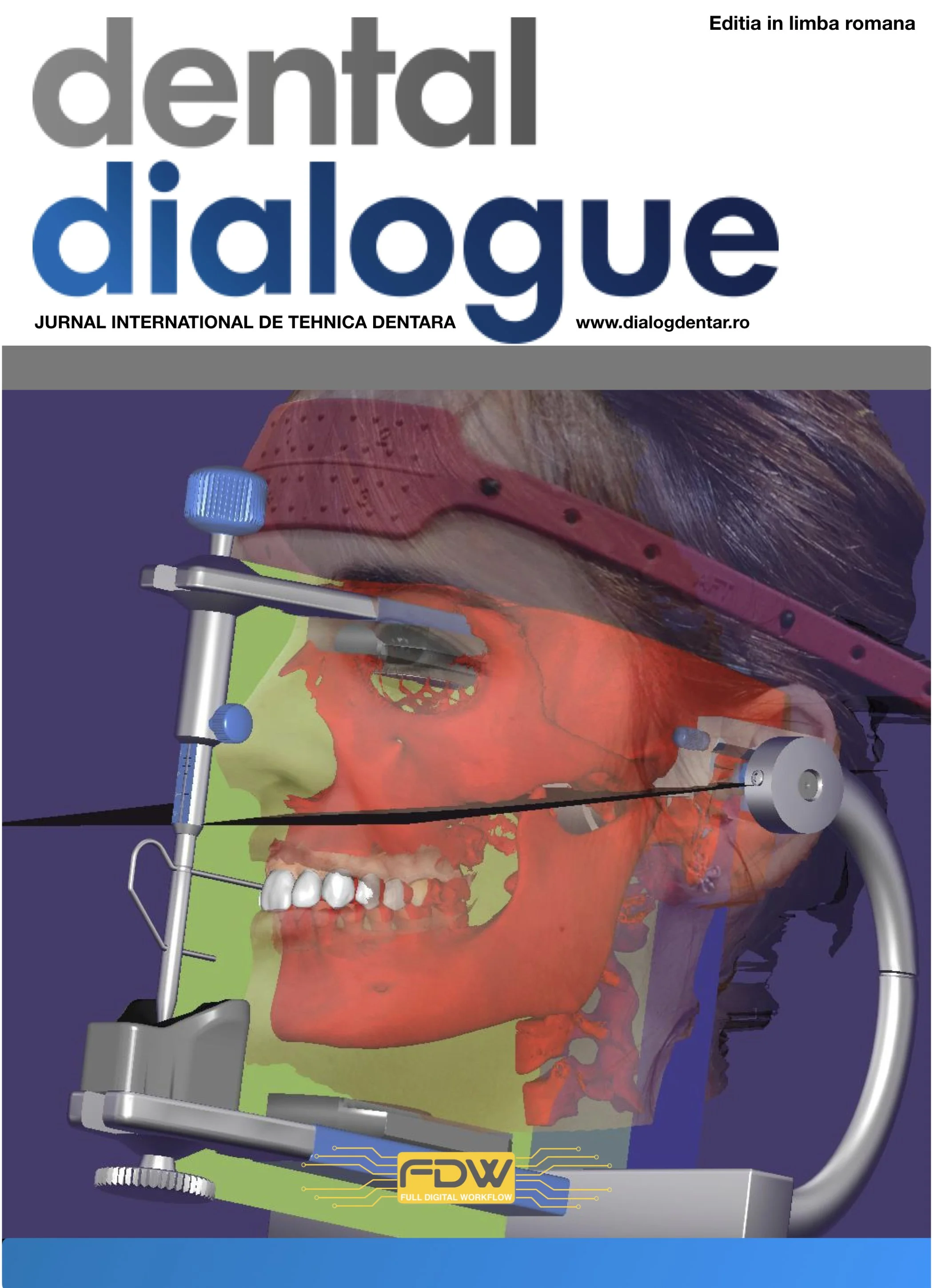 Cover of a dental journal titled 'dental dialogue' with a digital 3D illustration of a human skull, dental tools, and an FDW logo.