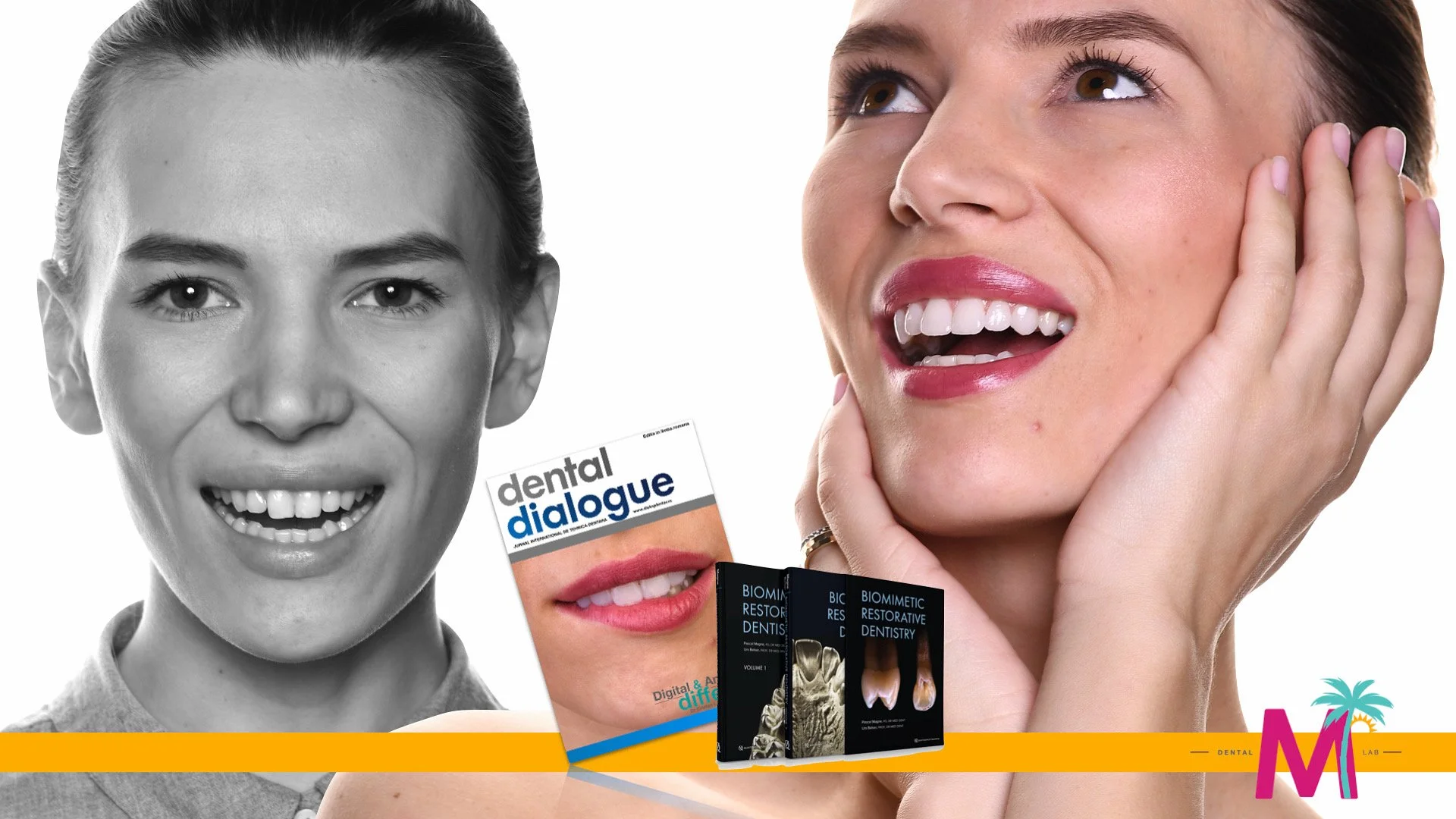 Black and white photo of a woman with a wide smile showing her teeth, smiling with her mouth open. Next to her, a woman with light skin, brown hair, and pink lipstick, resting her face in her hands, smiling and showing her teeth. There are various dental-related magazines and booklets, including 'dental dialogue' and 'Biometric Restorative Dentistry,' on a yellow strip at the bottom of the image.