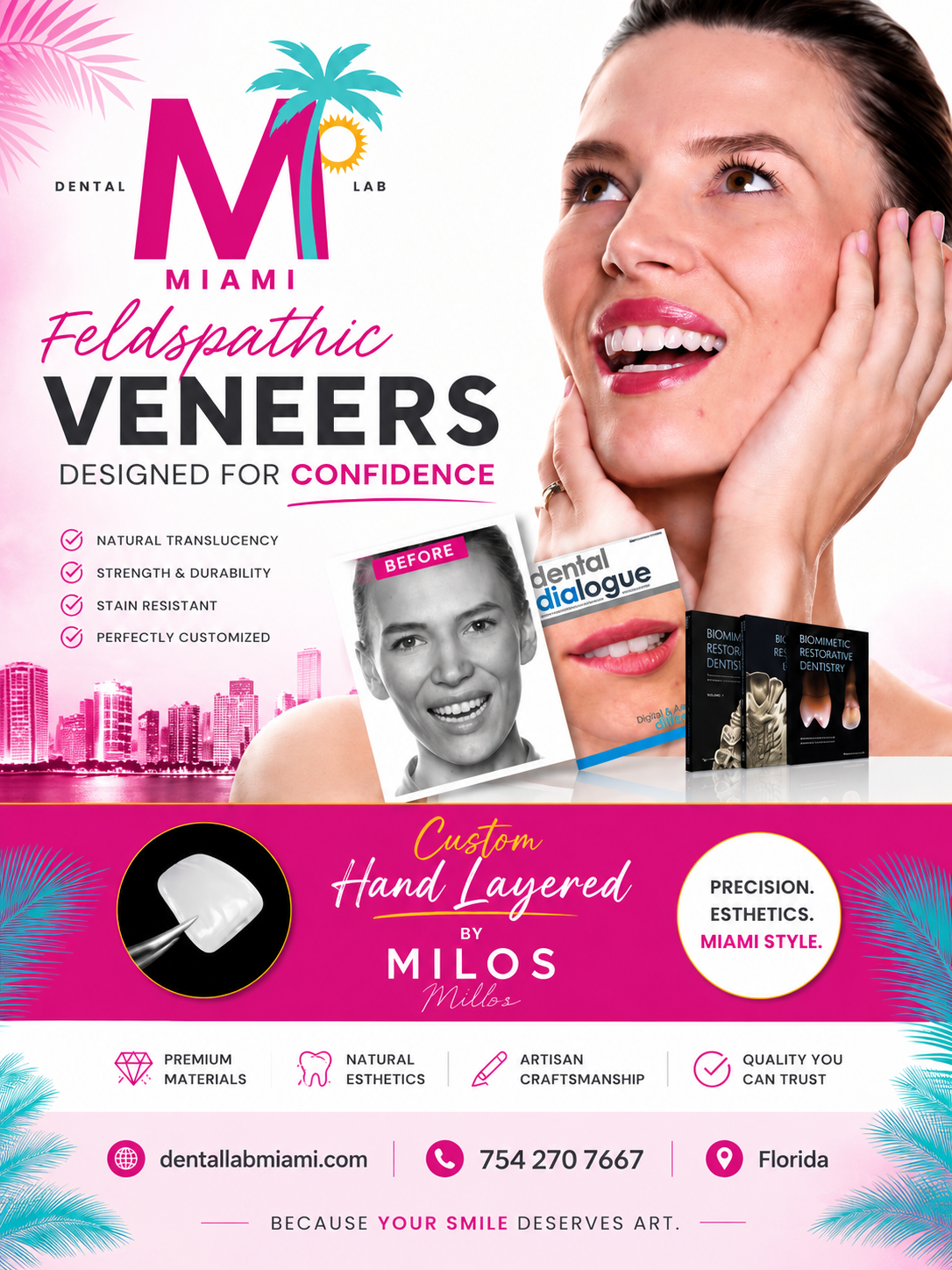 Advertisement for Miami Feldspathic Veneers by Milos, featuring a woman with a radiant smile, dental products, and a city skyline in the background.