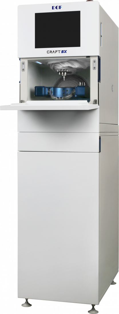 A medical device called a CRAFT 5X from DOF, used for manufacturing or testing, with a display screen and a chamber with a blue component inside.