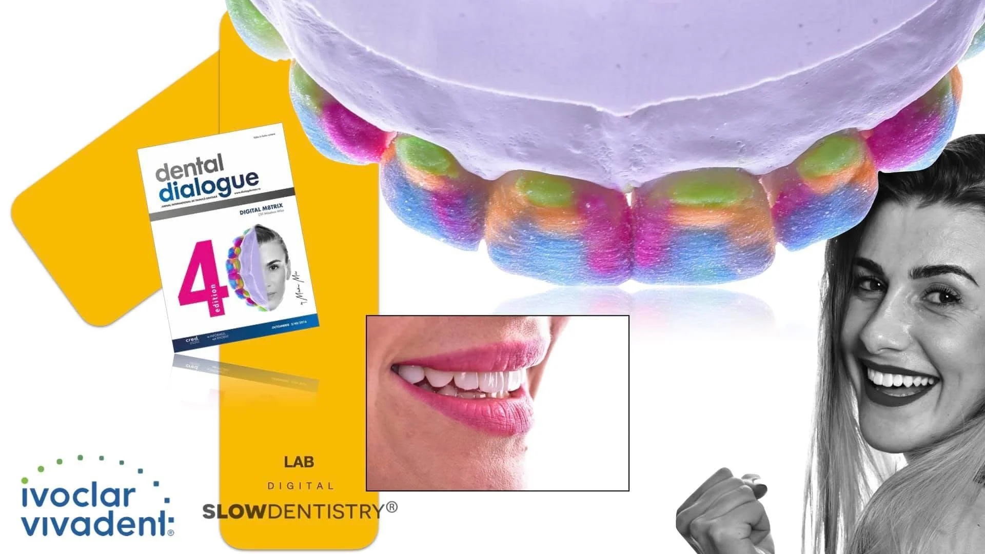 Close-up of a dental magazine cover with colorful dental patient images, a smiling woman, and a set of rainbow-colored teeth with purple gums.