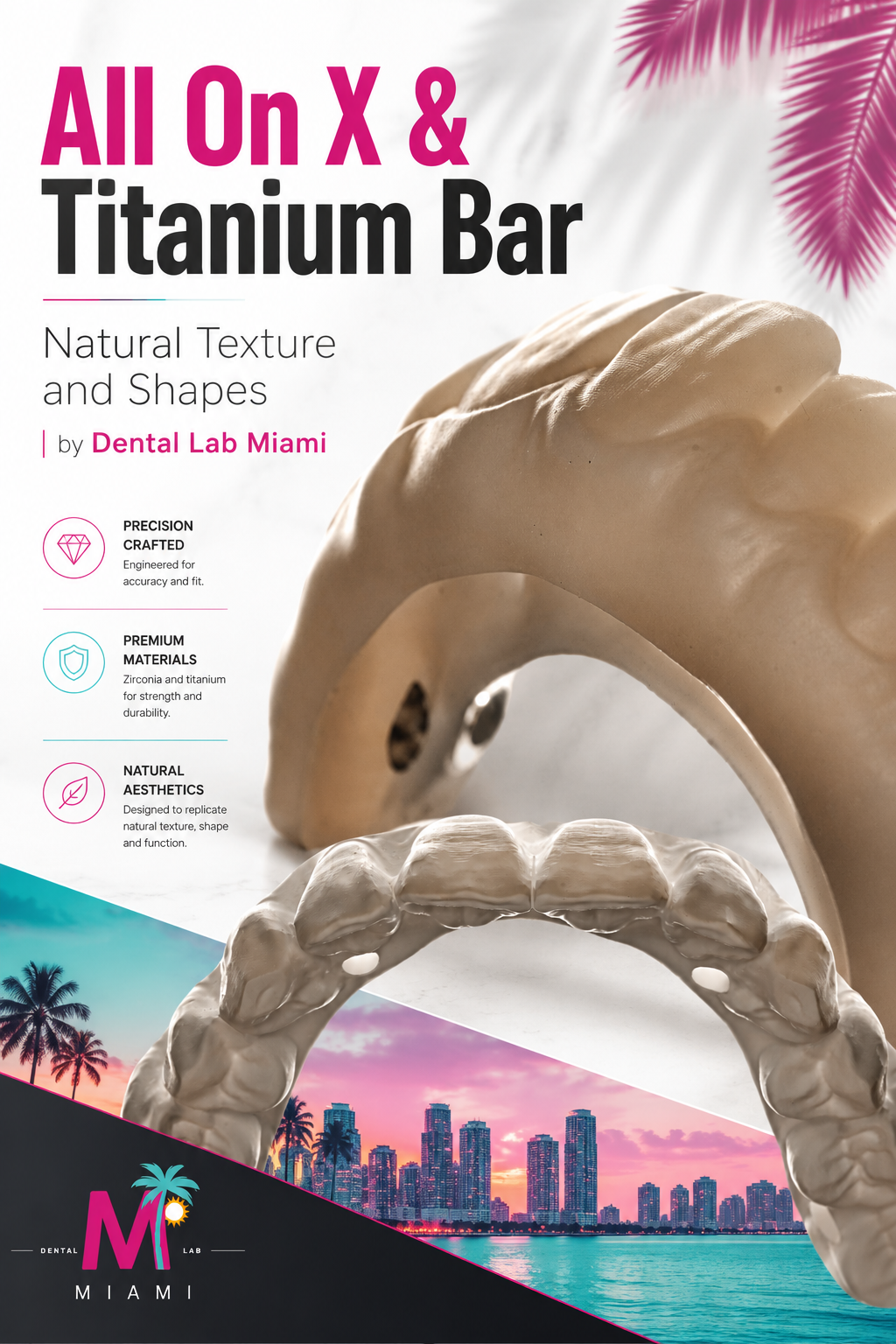 Promotional poster for dental products from Dental Lab Miami, featuring a dental impression and a natural-looking dental bridge with a Miami cityscape background at sunset.