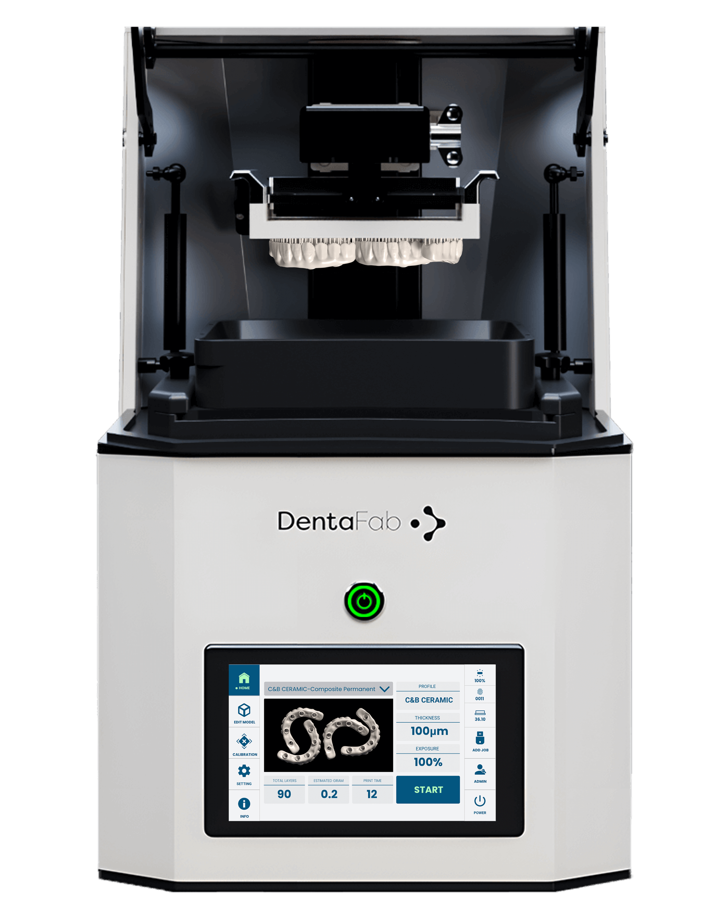 A 3D printer with a digital touchscreen interface printing metal dental implants, branded DentaFab, with various controls and information displayed on the screen.